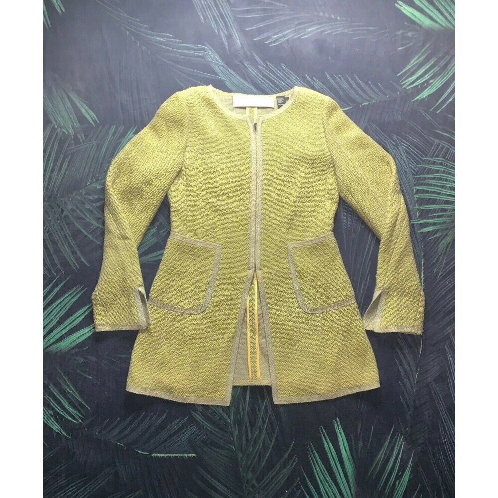 Charles Nolan Green Long Full Zip  Crewneck Sweater Wool Silk  Knit Jacket - 6